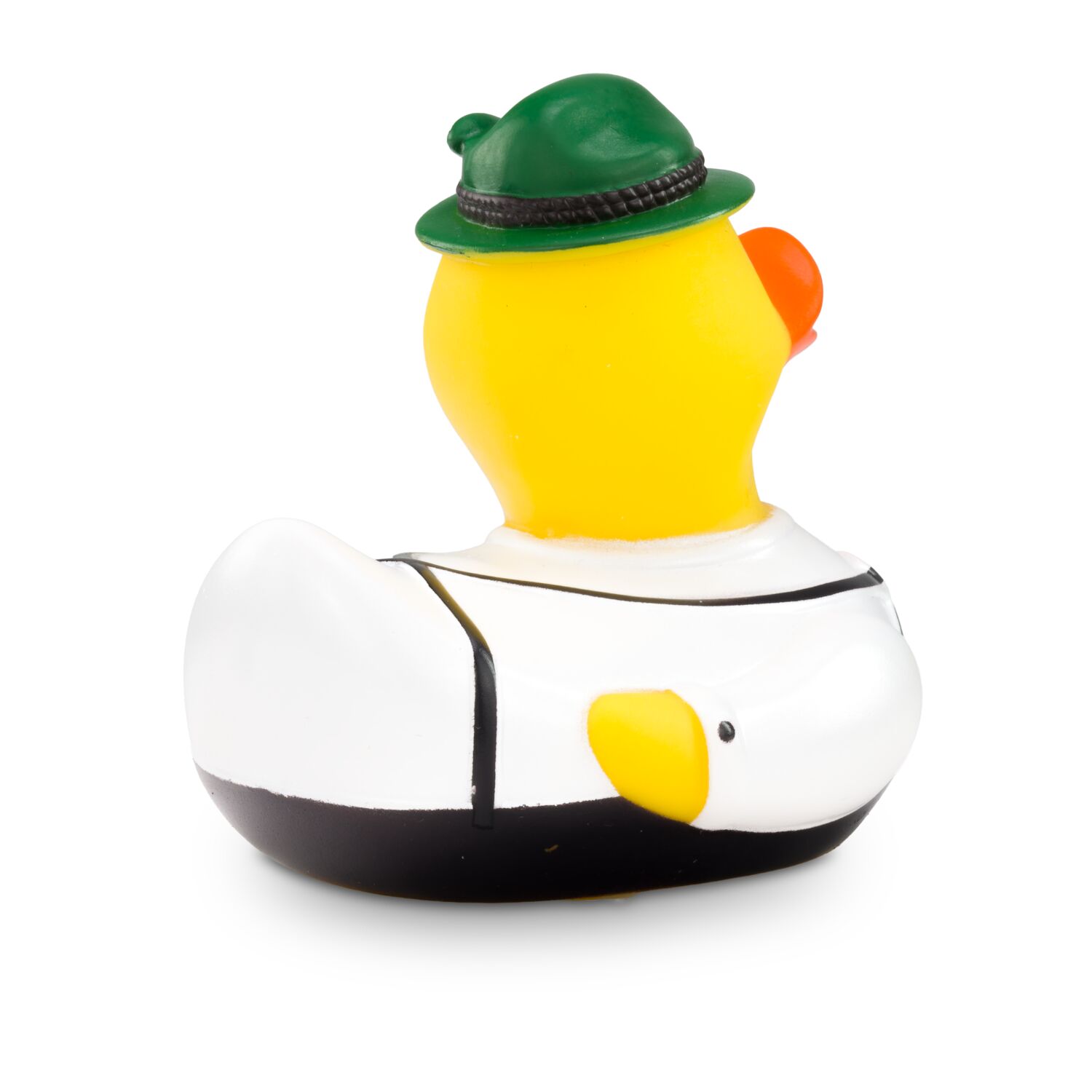 gelbe Werbeente Ludwig Lederhose mit Lederhose, Trachtenhemd und Filzhut, Größe: ca. 8 cm. Inklusive Quietschventil