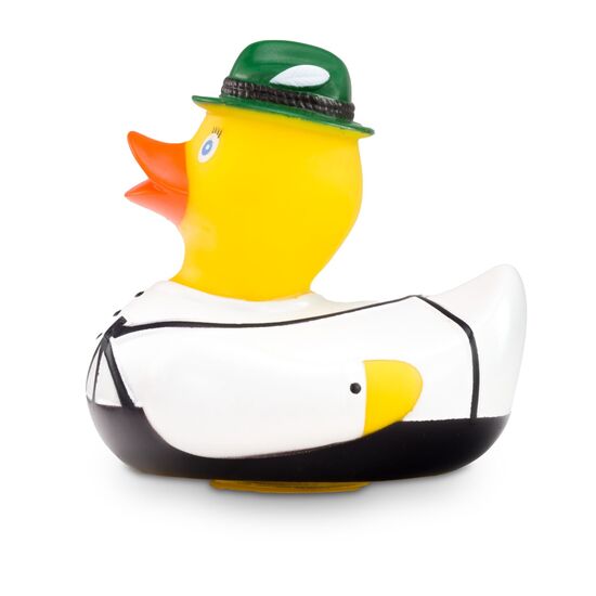 gelbe Werbeente Ludwig Lederhose mit Lederhose, Trachtenhemd und Filzhut, Größe: ca. 8 cm. Inklusive Quietschventil