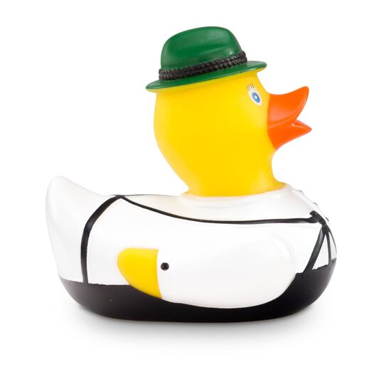 gelbe Werbeente Ludwig Lederhose mit Lederhose, Trachtenhemd und Filzhut, Größe: ca. 8 cm. Inklusive Quietschventil