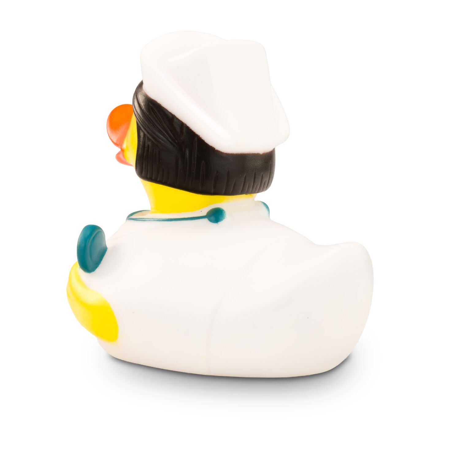 Badeente Kerstin Krankenschwester trägt ein klassisches Krankenschwestern-Outfit mit Haube auf dem Kopf. Sie trägt ein Stethoskop um den Hals und hält eine Spritze in der Hand. Größe: ca. 8 cm. Inklusive Quietschventil