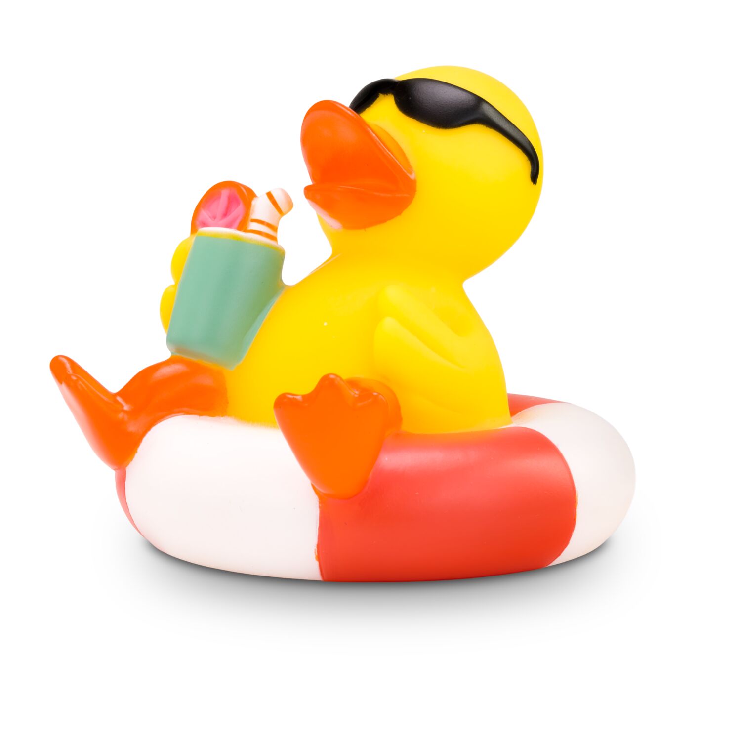 gelbe Werbeente Brian Beachboyauf einem Schwimmring mit Sonnenbrille, Cocktail, Größe: ca. 8 cm. Inklusive Quietschventil