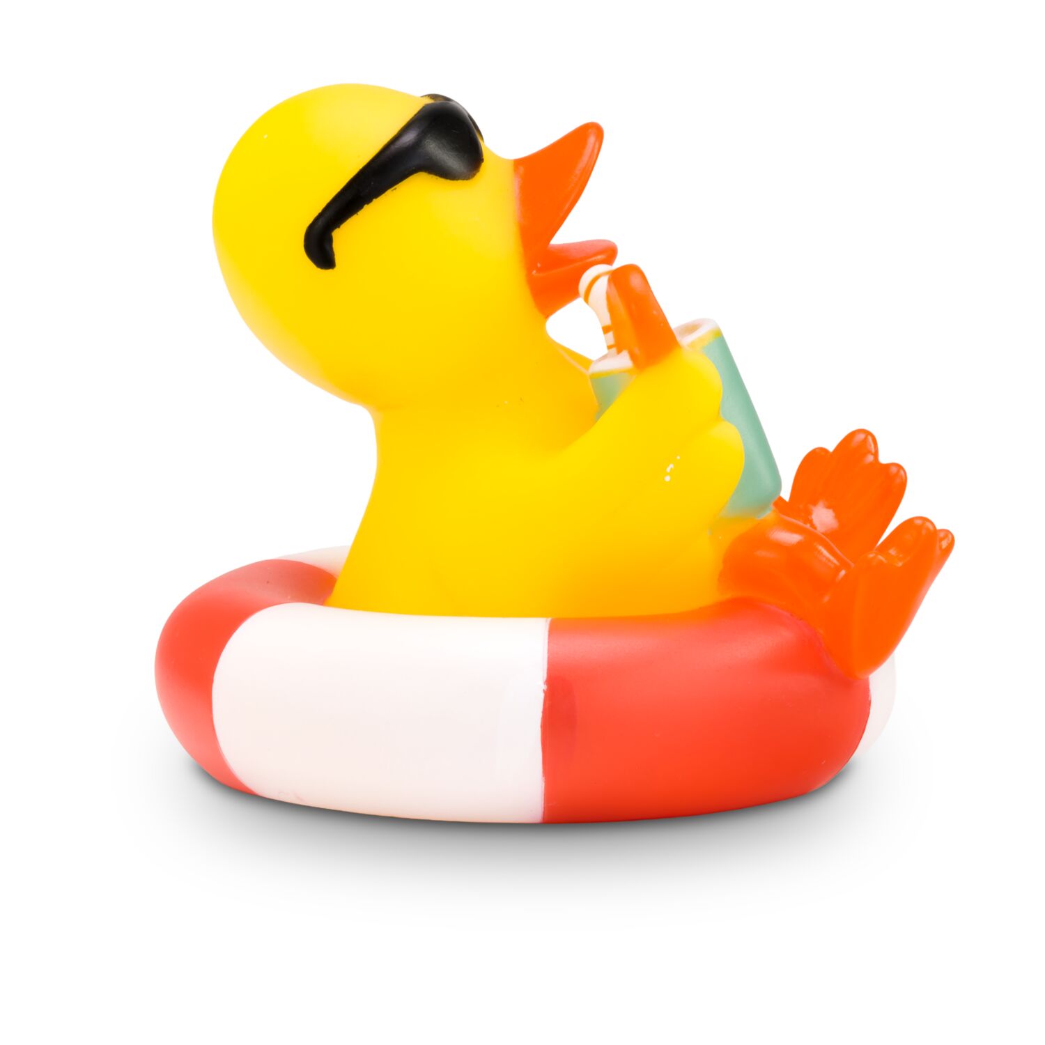 gelbe Werbeente Brian Beachboyauf einem Schwimmring mit Sonnenbrille, Cocktail, Größe: ca. 8 cm. Inklusive Quietschventil