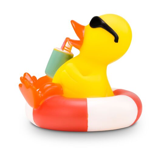 gelbe Werbeente Brian Beachboyauf einem Schwimmring mit Sonnenbrille, Cocktail, Größe: ca. 8 cm. Inklusive Quietschventil