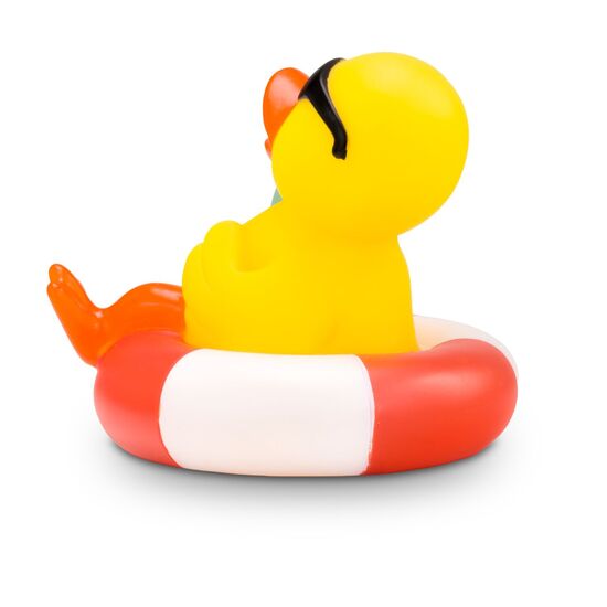 gelbe Werbeente Brian Beachboyauf einem Schwimmring mit Sonnenbrille, Cocktail, Größe: ca. 8 cm. Inklusive Quietschventil