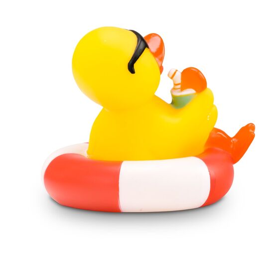 gelbe Werbeente Brian Beachboyauf einem Schwimmring mit Sonnenbrille, Cocktail, Größe: ca. 8 cm. Inklusive Quietschventil
