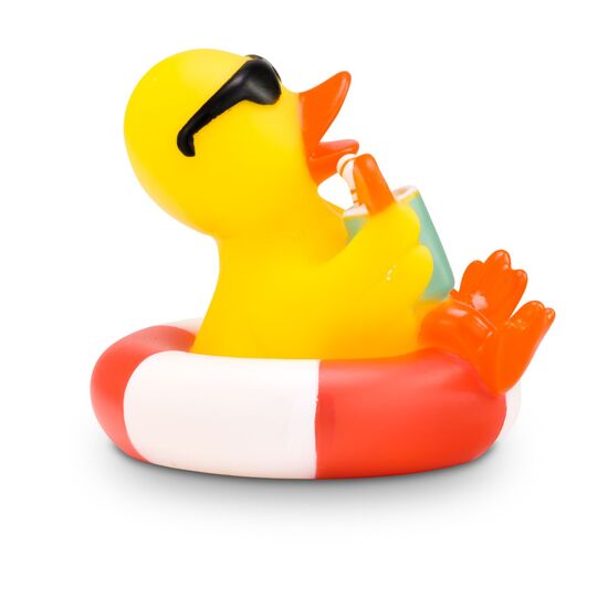 gelbe Werbeente Brian Beachboyauf einem Schwimmring mit Sonnenbrille, Cocktail, Größe: ca. 8 cm. Inklusive Quietschventil