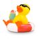 gelbe Werbeente Brian Beachboyauf einem Schwimmring mit Sonnenbrille, Cocktail, Größe: ca. 8 cm. Inklusive Quietschventil