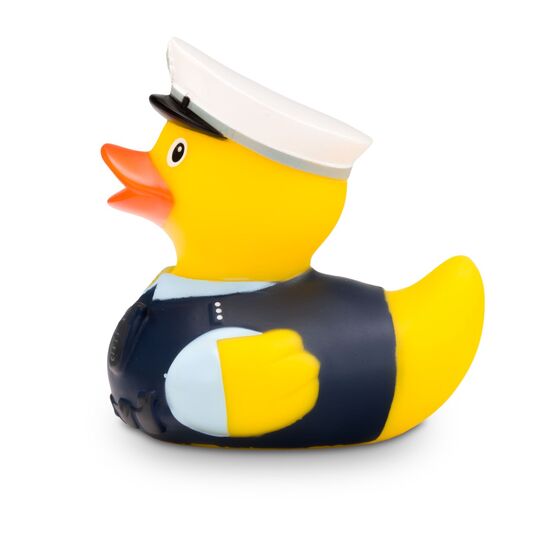 gelbe Werbeente Benjamin Blaulicht mit Polizei-Outfit, Größe: ca. 8 cm. Inklusive Quietschventil