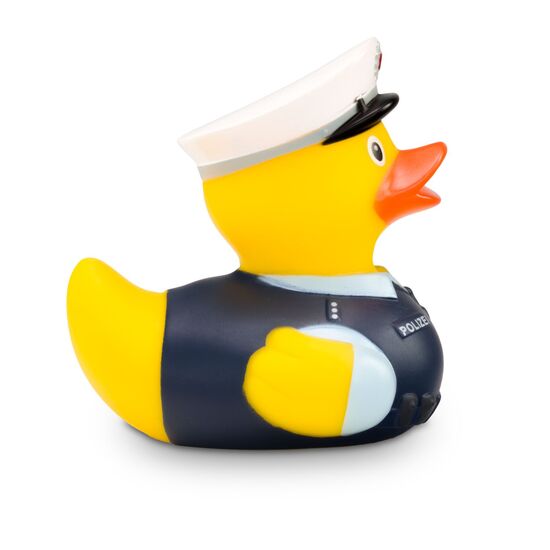 gelbe Werbeente Benjamin Blaulicht mit Polizei-Outfit, Größe: ca. 8 cm. Inklusive Quietschventil