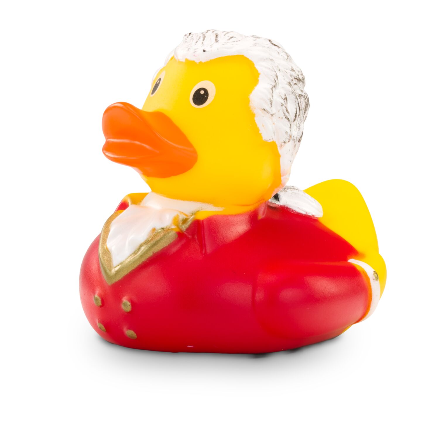 gelbe Werbeente Wolfgang Amadeus mit Frack, lockige Haarpracht und Rüschenhemd, Größe: ca. 8 cm. Inklusive Quietschventil