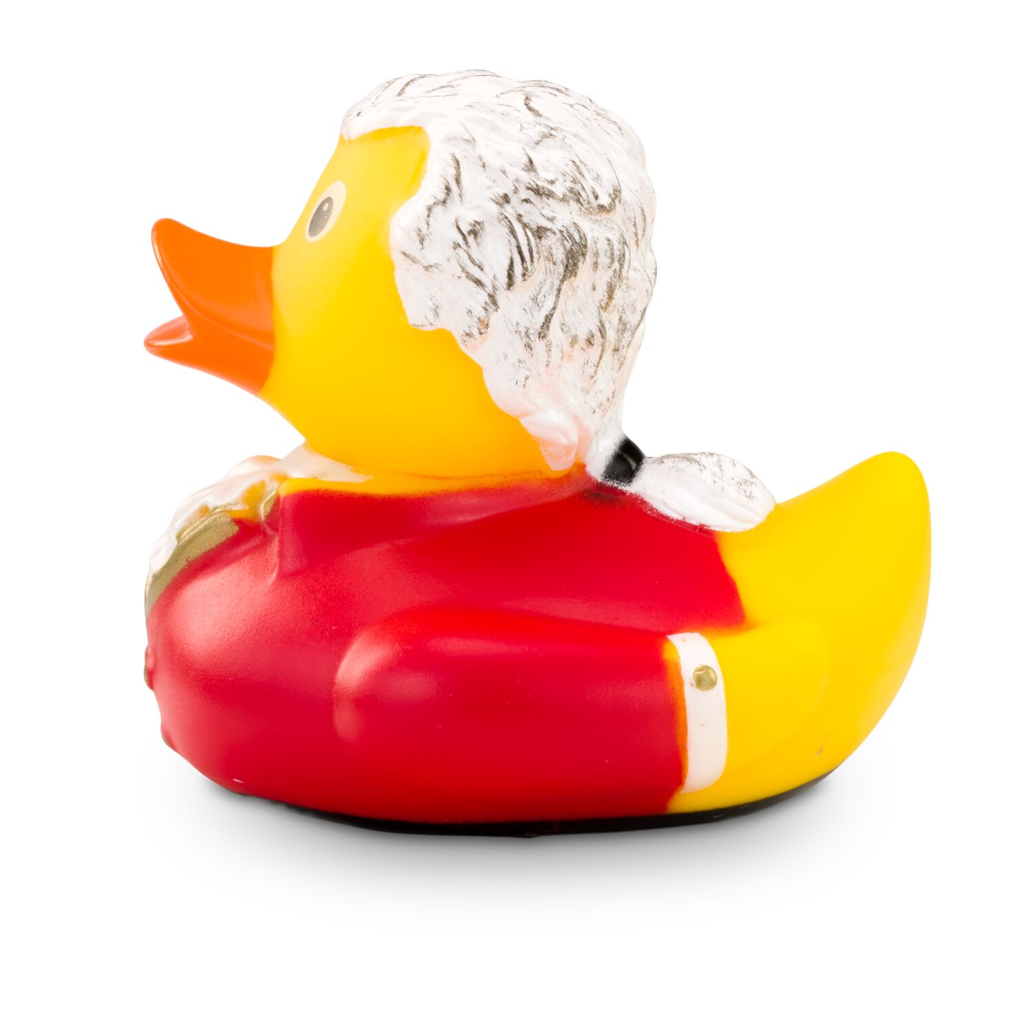 gelbe Werbeente Wolfgang Amadeus mit Frack, lockige Haarpracht und Rüschenhemd, Größe: ca. 8 cm. Inklusive Quietschventil