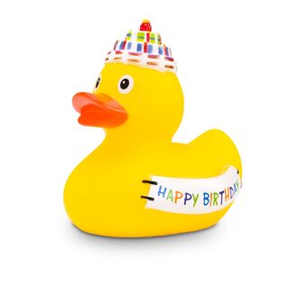 gelbe Werbeente Gabi Geburtstag mit orangenem Schnabel, Geburtstagskuchenmütze undBanner, Größe: ca. 8 cm. Inklusive Quietschventil