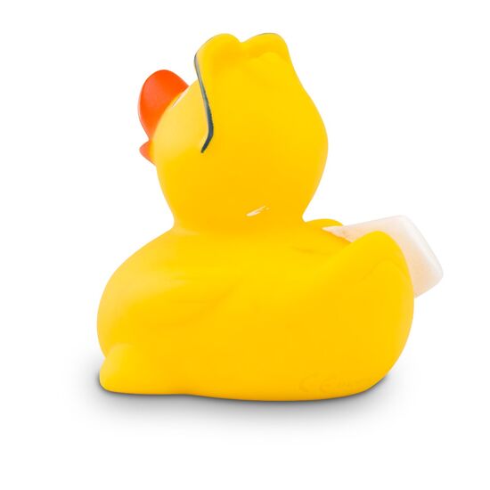 gelbe Werbeeente Willi Wellenreiter mit Surfbrett und Sonnenbrille Größe: ca. 8 cm. Inklusive Quietschventil