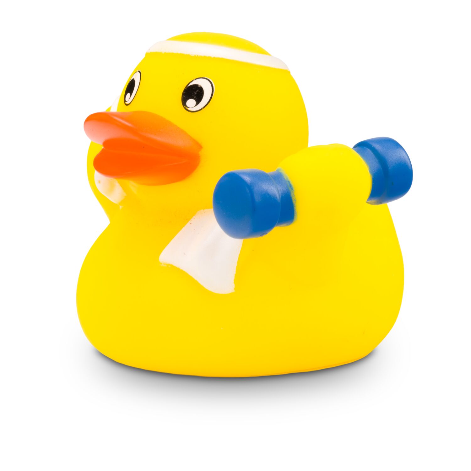 gelbe Badeente Herbert Hantel mit Hantel, Handtuch und Stirnband, Größe: ca. 8 cm. Inklusive Quietschventil