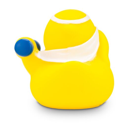 gelbe Badeente Herbert Hantel mit Hantel, Handtuch und Stirnband, Größe: ca. 8 cm. Inklusive Quietschventil