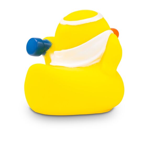 gelbe Badeente Herbert Hantel mit Hantel, Handtuch und Stirnband, Größe: ca. 8 cm. Inklusive Quietschventil