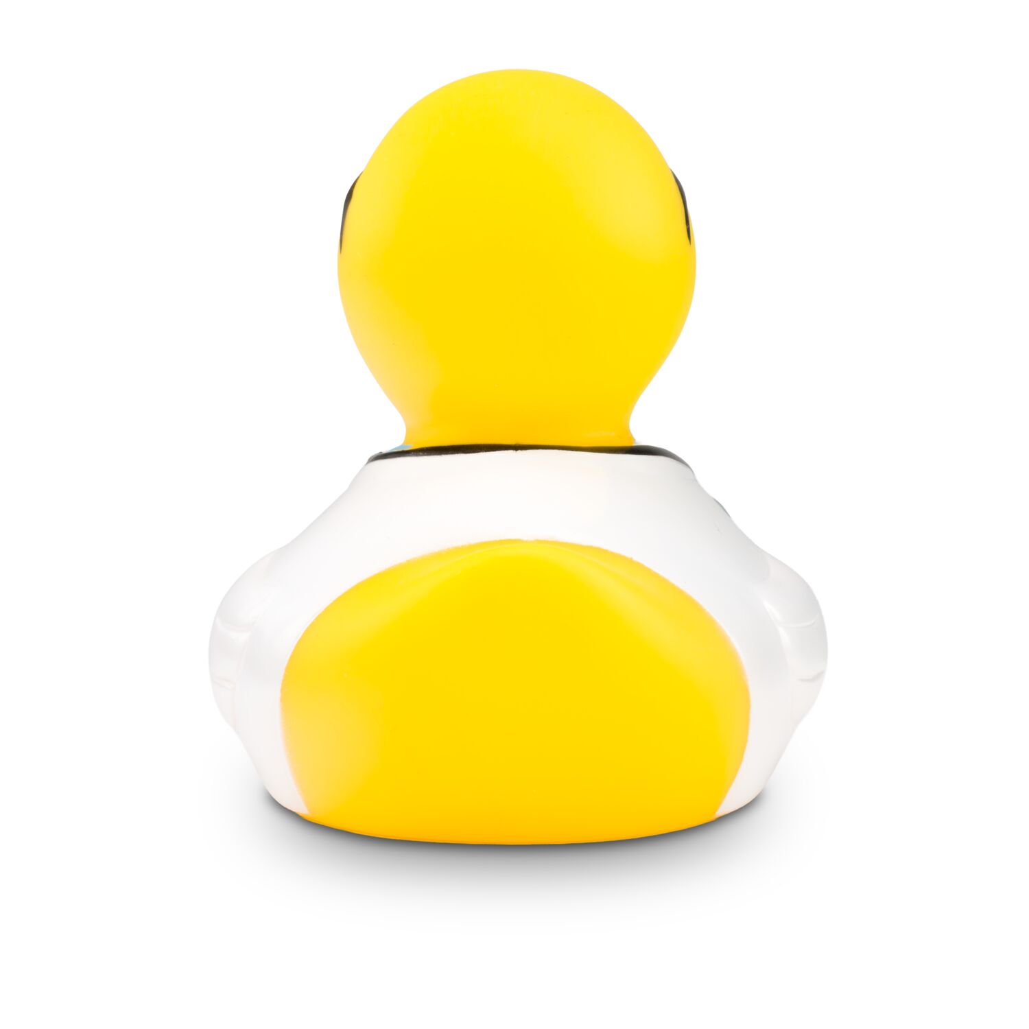 gelbe Werbeente Dr. Dagobert mit Arztkittel, Krawatte, Hemd, Brille und Stethoskop, Größe: ca. 8 cm. Inklusive Quietschventil