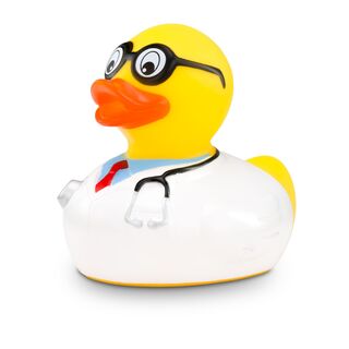 gelbe Werbeente Dr. Dagobert mit Arztkittel, Krawatte, Hemd, Brille und Stethoskop, Größe: ca. 8 cm. Inklusive Quietschventil