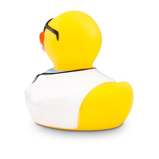 gelbe Werbeente Dr. Dagobert mit Arztkittel, Krawatte, Hemd, Brille und Stethoskop, Größe: ca. 8 cm. Inklusive Quietschventil