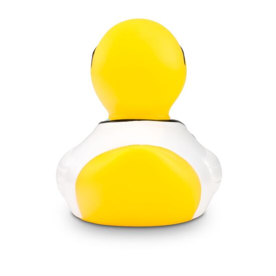 gelbe Werbeente Dr. Dagobert mit Arztkittel, Krawatte, Hemd, Brille und Stethoskop, Größe: ca. 8 cm. Inklusive Quietschventil