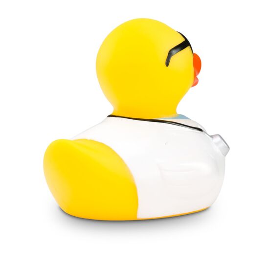 gelbe Werbeente Dr. Dagobert mit Arztkittel, Krawatte, Hemd, Brille und Stethoskop, Größe: ca. 8 cm. Inklusive Quietschventil