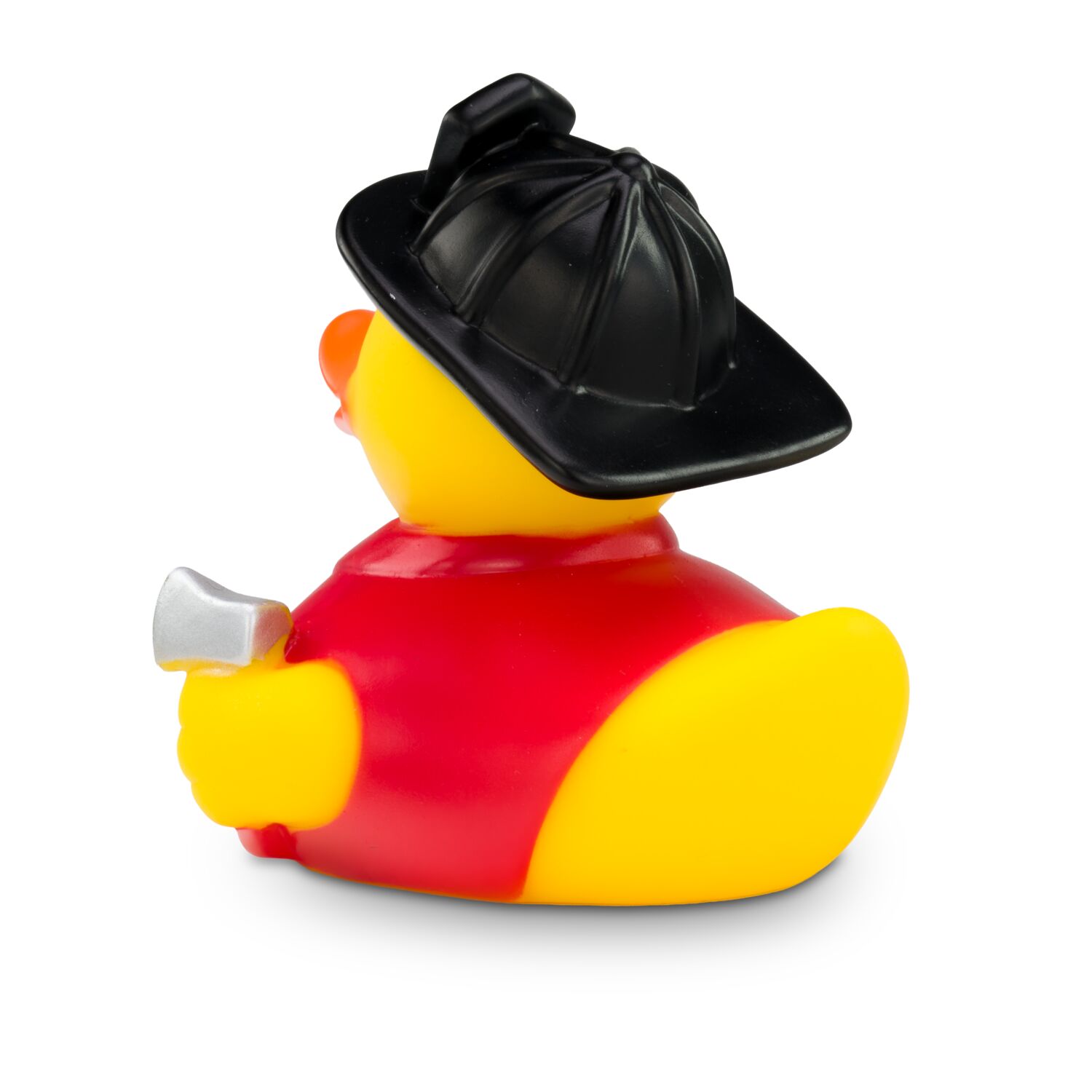gelbe Badeente Frederik Feuerwehr mit roter Uniform, Gürtel und Feuerwehrhelm. Größe: ca. 8 cm, inklusive Quietschventil