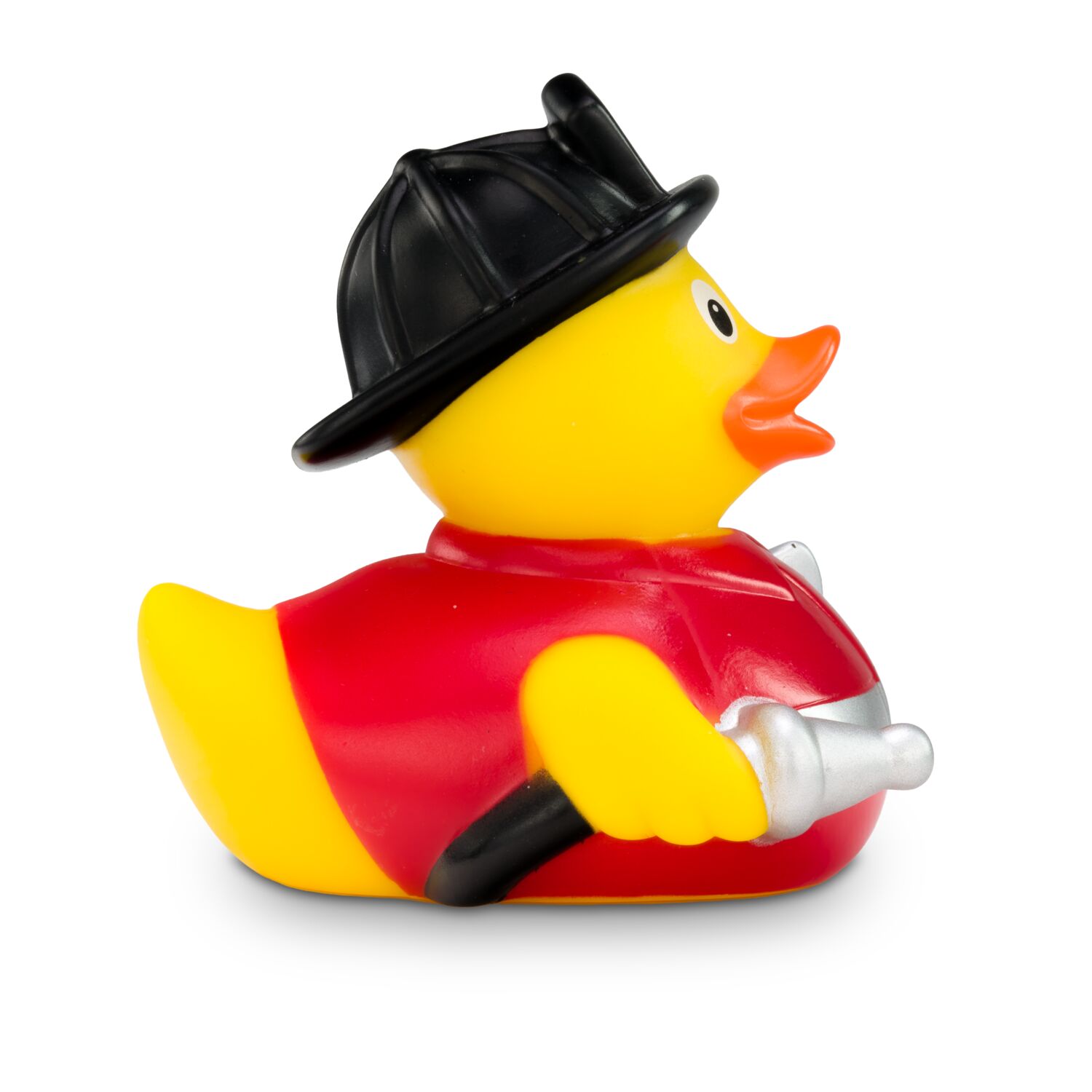 gelbe Badeente Frederik Feuerwehr mit roter Uniform, Gürtel und Feuerwehrhelm. Größe: ca. 8 cm, inklusive Quietschventil