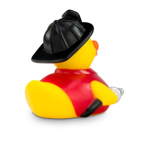 gelbe Badeente Frederik Feuerwehr mit roter Uniform, Gürtel und Feuerwehrhelm. Größe: ca. 8 cm, inklusive Quietschventil