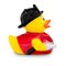 gelbe Badeente Frederik Feuerwehr mit roter Uniform, Gürtel und Feuerwehrhelm. Größe: ca. 8 cm, inklusive Quietschventil