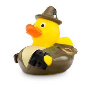 gelbe Werbeente Jens Jäger mit Jägertracht, HutGewehr, Fernglas und Jagdhorn, Größe: ca. 8 cm. Inklusive Quietschventil