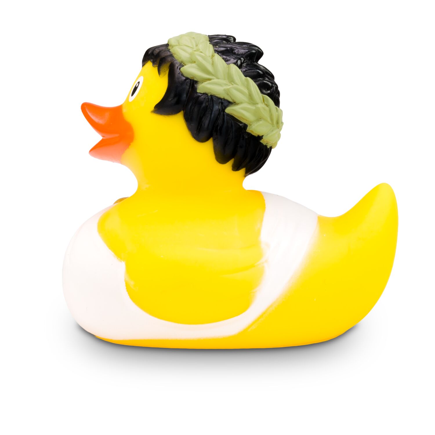 gelbe Werbeente Ole Olympia mit olympischer Fackel, Toga und Olivenkranz, Größe: ca. 8 cm. Inklusive Quietschventil