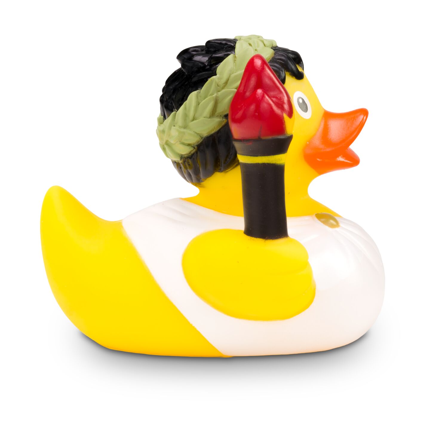 gelbe Werbeente Ole Olympia mit olympischer Fackel, Toga und Olivenkranz, Größe: ca. 8 cm. Inklusive Quietschventil