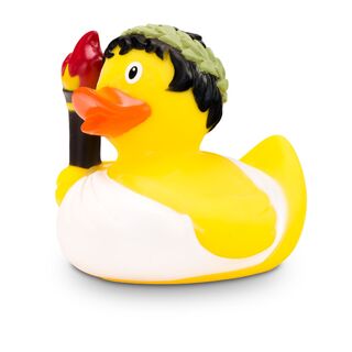 gelbe Werbeente Ole Olympia mit olympischer Fackel, Toga und Olivenkranz, Größe: ca. 8 cm. Inklusive Quietschventil