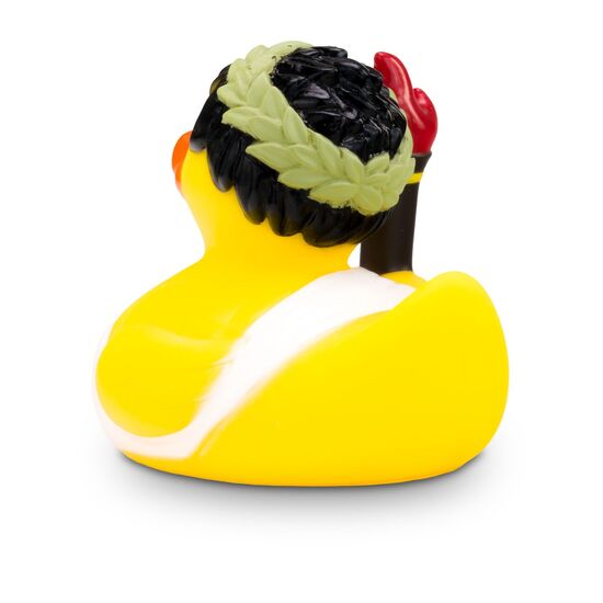 gelbe Werbeente Ole Olympia mit olympischer Fackel, Toga und Olivenkranz, Größe: ca. 8 cm. Inklusive Quietschventil
