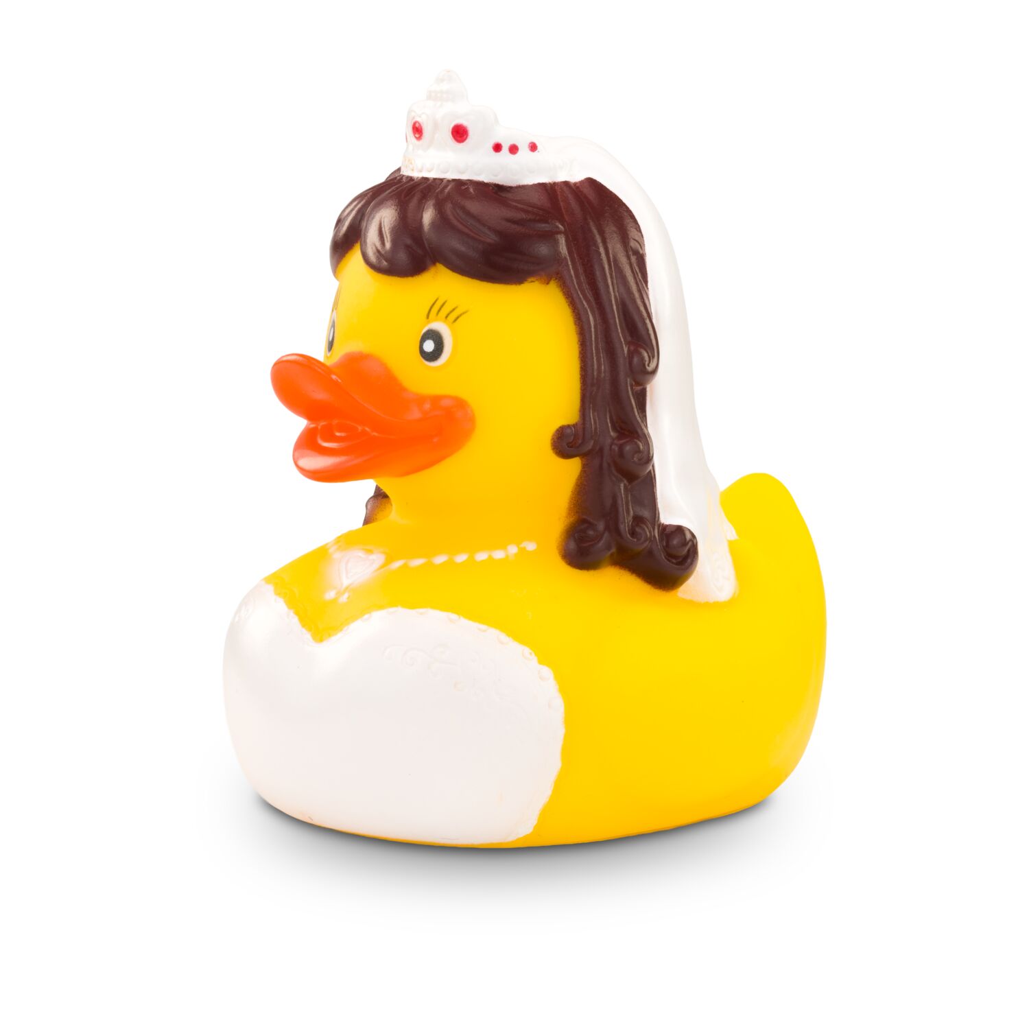 gelbe Werbeente Barbara Braut mit weißen Kleid mit Spitze, Diadem und Halskette, Größe: ca. 8 cm. Inklusive Quietschventil