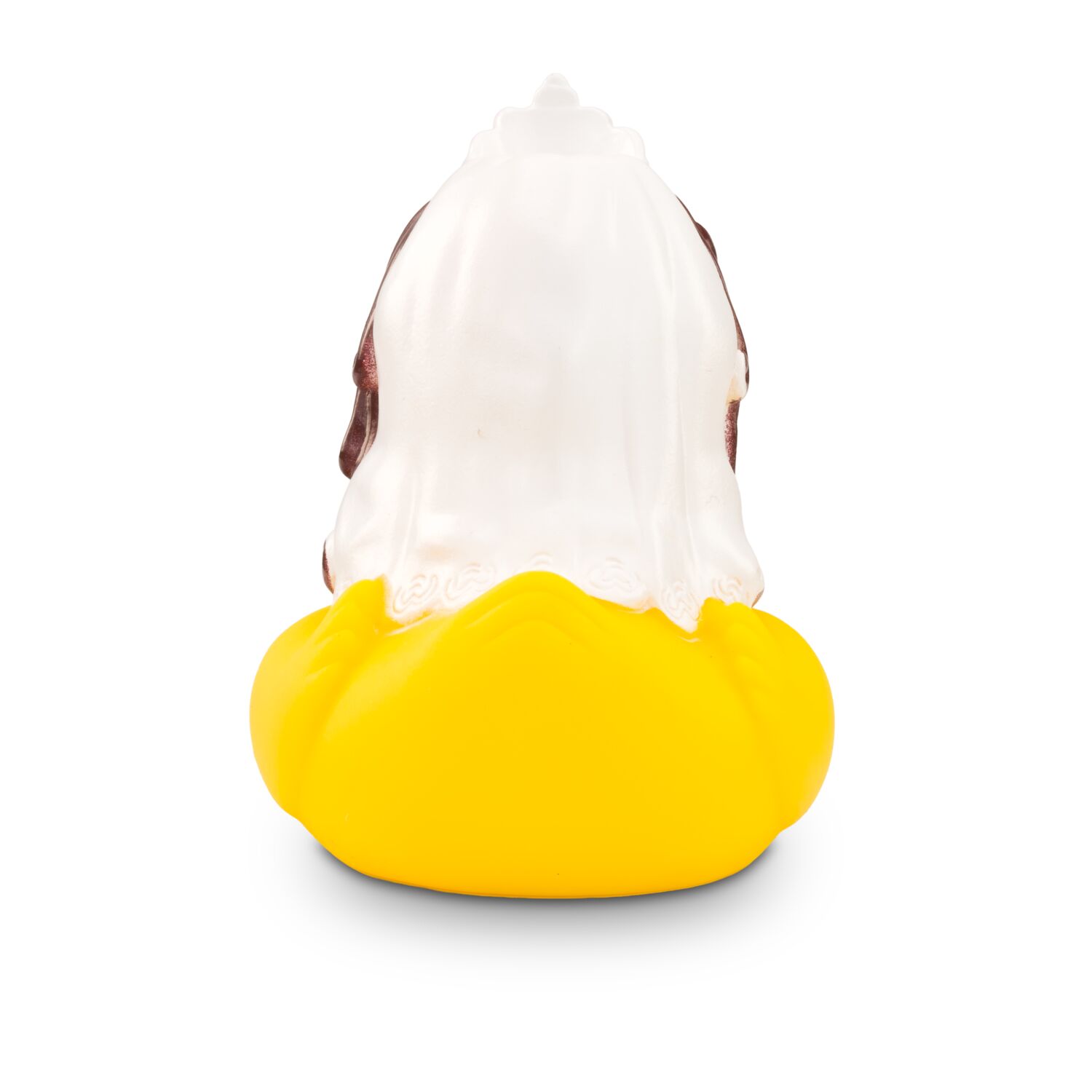 gelbe Werbeente Barbara Braut mit weißen Kleid mit Spitze, Diadem und Halskette, Größe: ca. 8 cm. Inklusive Quietschventil