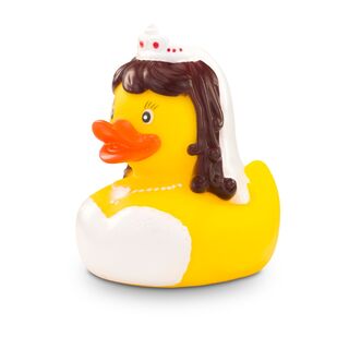 gelbe Werbeente Barbara Braut mit weißen Kleid mit Spitze, Diadem und Halskette, Größe: ca. 8 cm. Inklusive Quietschventil