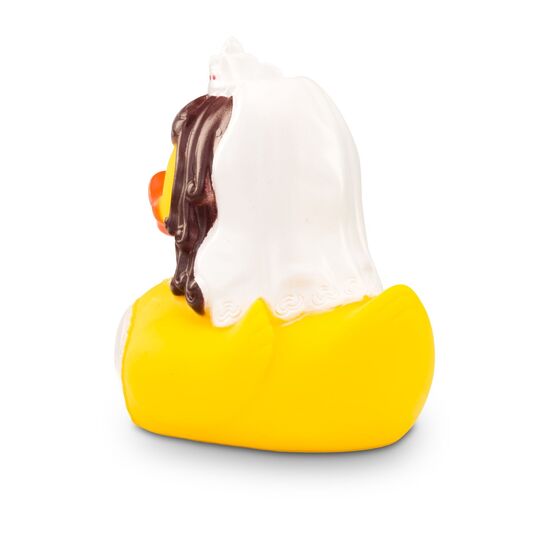 gelbe Werbeente Barbara Braut mit weißen Kleid mit Spitze, Diadem und Halskette, Größe: ca. 8 cm. Inklusive Quietschventil