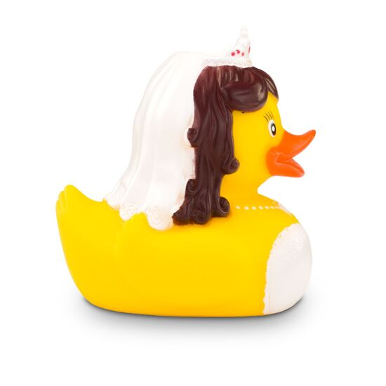 gelbe Werbeente Barbara Braut mit weißen Kleid mit Spitze, Diadem und Halskette, Größe: ca. 8 cm. Inklusive Quietschventil