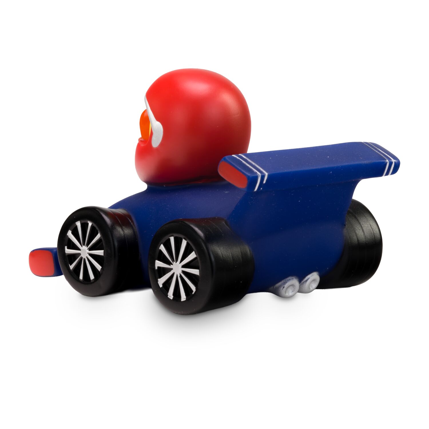 gelbe Werbeente Volker Vollgas mit blauem Rennauto und Helm in Rot, Größe: ca. 8 cm. Inklusive Quietschventil