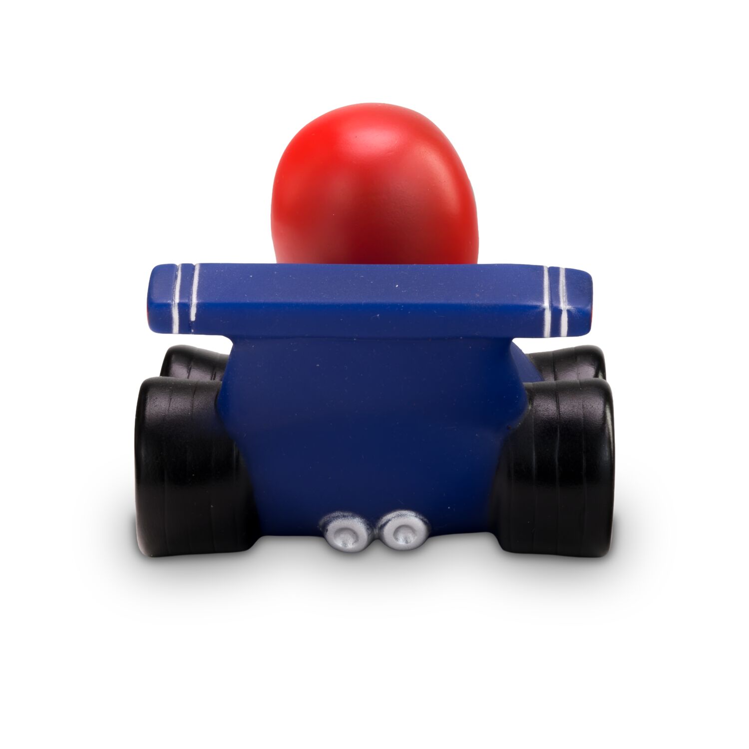 gelbe Werbeente Volker Vollgas mit blauem Rennauto und Helm in Rot, Größe: ca. 8 cm. Inklusive Quietschventil