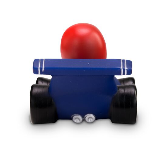 gelbe Werbeente Volker Vollgas mit blauem Rennauto und Helm in Rot, Größe: ca. 8 cm. Inklusive Quietschventil