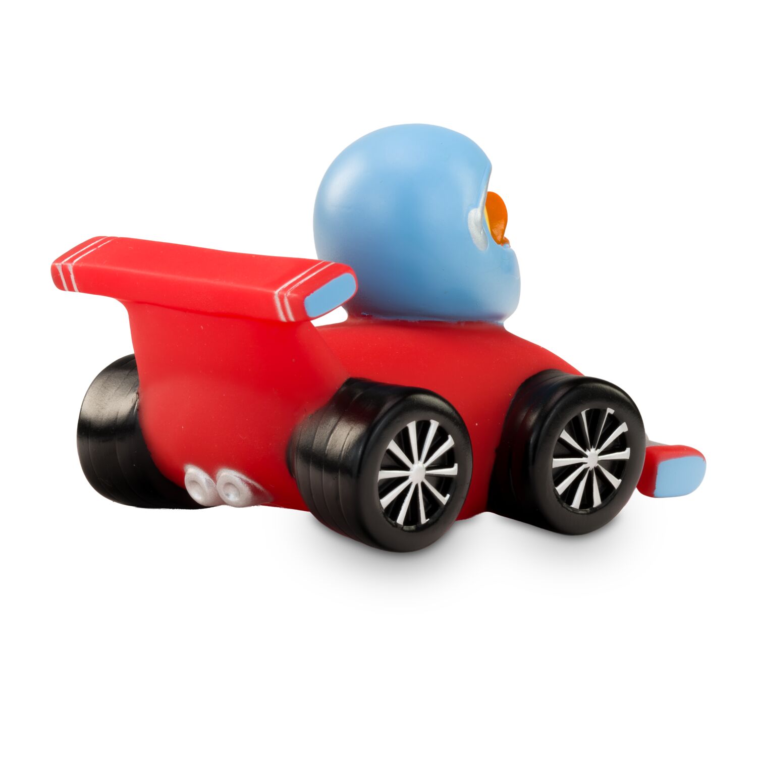 gelbe Werbeente Volker Vollgas mit rotem Rennauto und Helm in Hellblau, Größe: ca. 8 cm. Inklusive Quietschventil