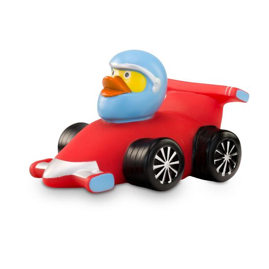 gelbe Werbeente Volker Vollgas mit rotem Rennauto und Helm in Hellblau, Größe: ca. 8 cm. Inklusive Quietschventil