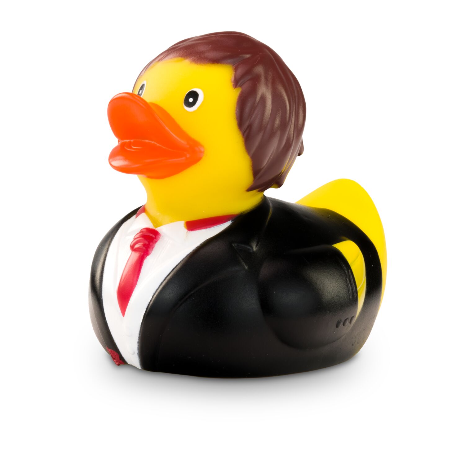 gelbe Werbeente Benedikt mit weißem Hemd, schwarzem Anzug und Krawatte, Größe: ca. 8 cm. Inklusive Quietschventil