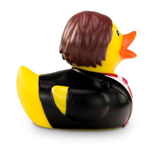 gelbe Werbeente Benedikt mit weißem Hemd, schwarzem Anzug und Krawatte, Größe: ca. 8 cm. Inklusive Quietschventil