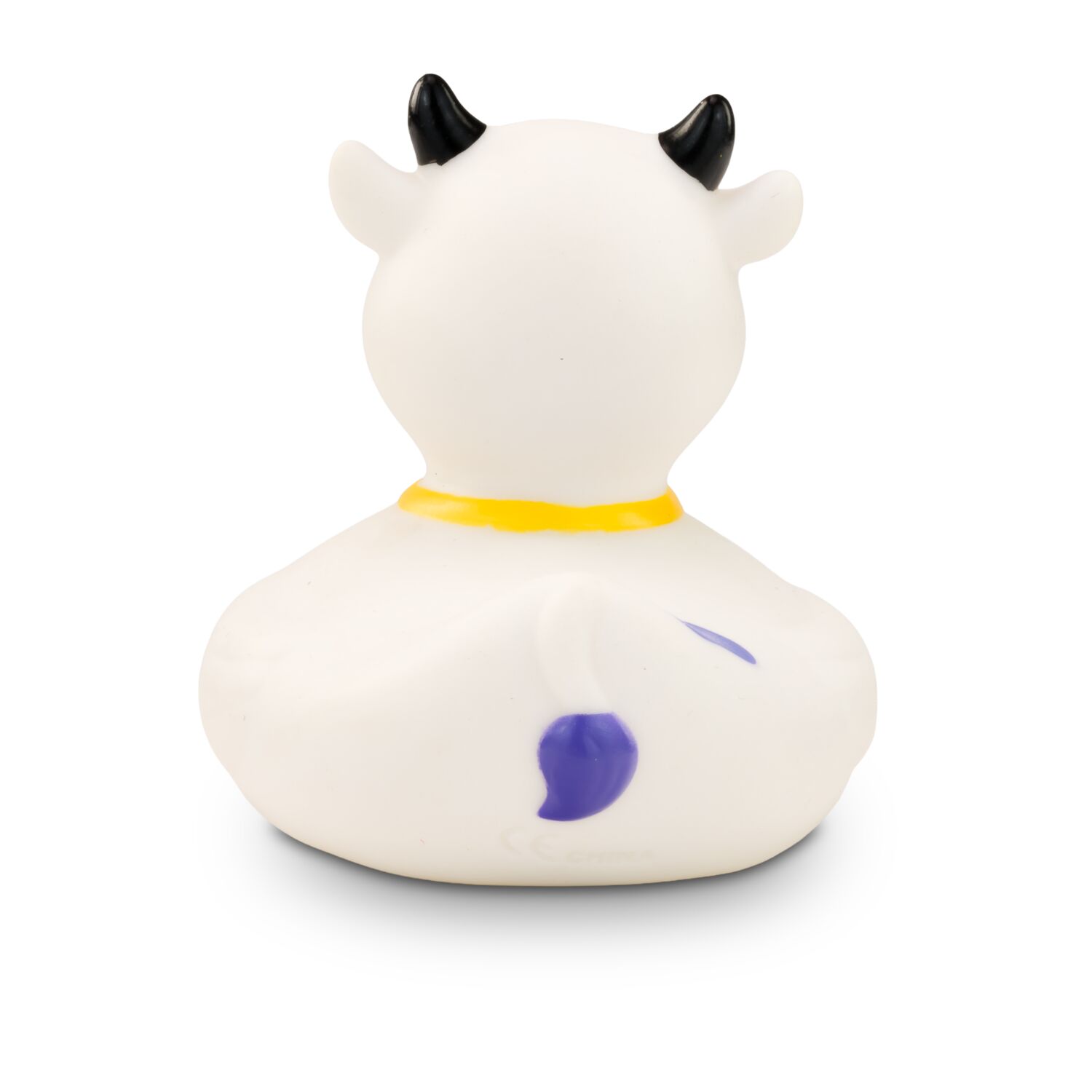 weiße Werbeente Karla Kuh mit lila Flecken,Hörnern und Glocke, Größe: ca. 8 cm. Inklusive Quietschventil