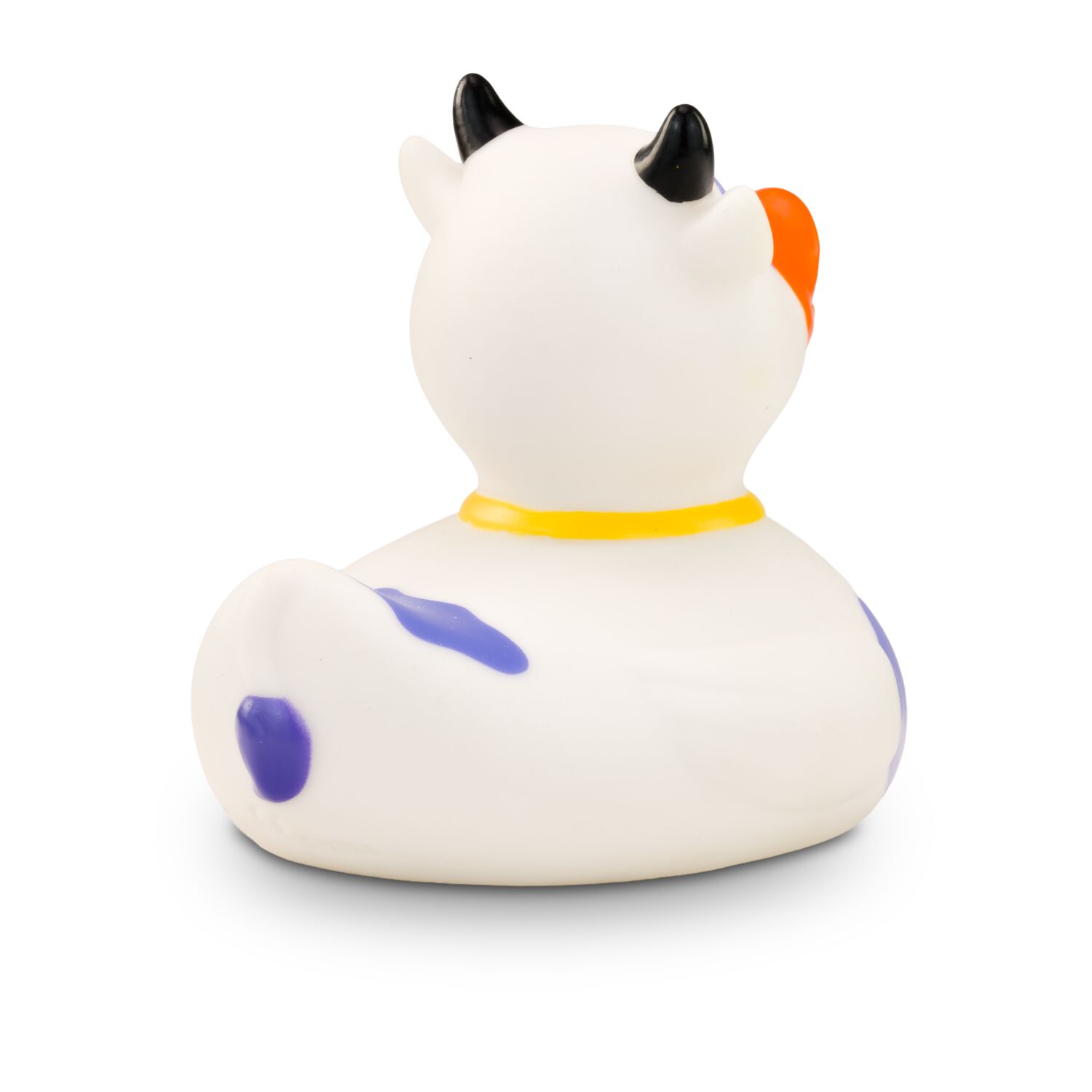 weiße Werbeente Karla Kuh mit lila Flecken,Hörnern und Glocke, Größe: ca. 8 cm. Inklusive Quietschventil