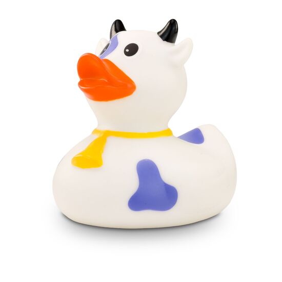 weiße Werbeente Karla Kuh mit lila Flecken,Hörnern und Glocke, Größe: ca. 8 cm. Inklusive Quietschventil