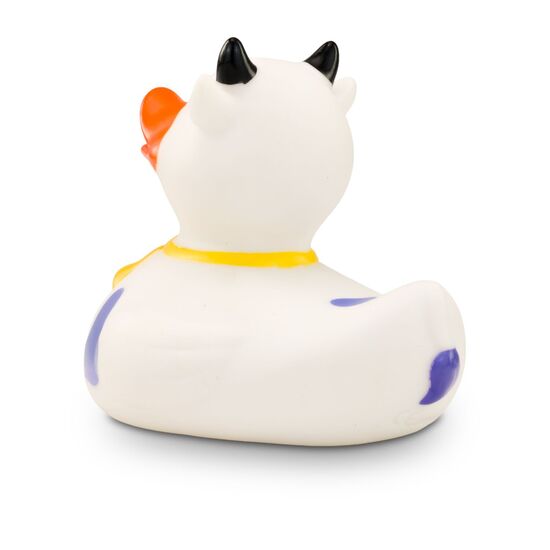 weiße Werbeente Karla Kuh mit lila Flecken,Hörnern und Glocke, Größe: ca. 8 cm. Inklusive Quietschventil